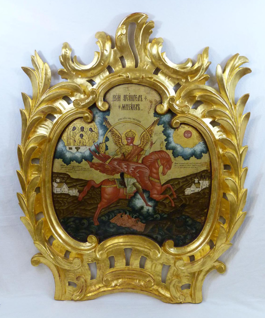 Russian hand-painted lacquer plaque depicting the Archangel Michael trampling Satan (est. $12,000-$15,000). Elite Decorative Arts image.