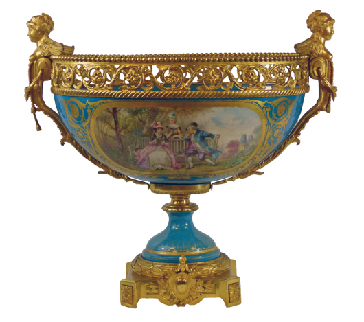 Large Sevres French porcelain ormolu gilt bronze mounted centerpiece, made circa 1763 (est. $10,000-$15,000). Elite Decorative Arts image.