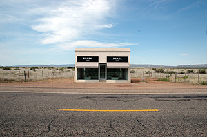 The faux Prada Marfa storefront off U.S. 90 in Valentine, Texas. Image by Marshall Astor. This file is licensed under the Creative Commons Attribution-Share Alike 2.0 Generic license.