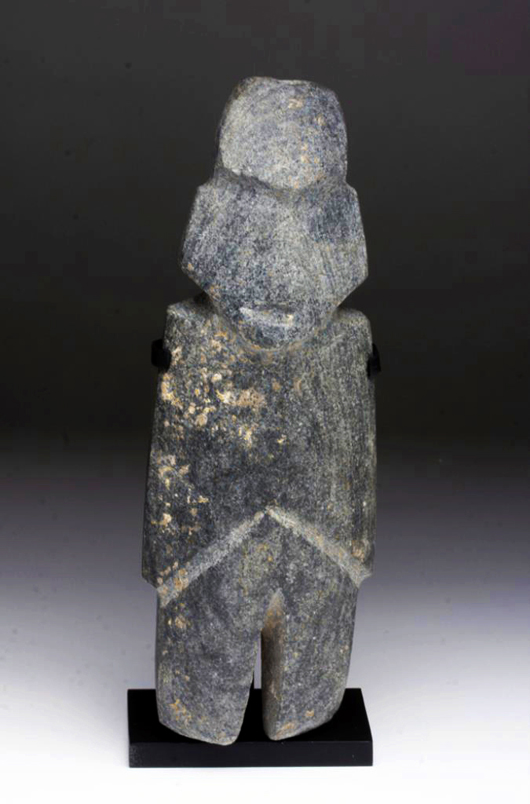 Monumental Mezcala anthropomorphic axe god, Guerrero, Mexico; circa 400-100 BC. Estimate $2,000-$3,000. Antiquities Saleroom image.