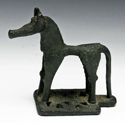 Greek Geometric Period cast bronze horse, 10th-7th century BC. Estimate $10,000-$15,000. Antiquities Saleroom image.