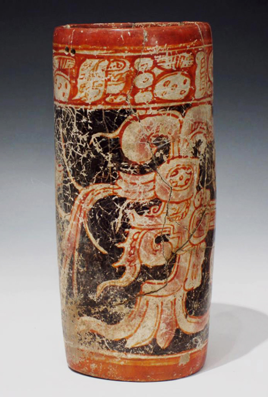 Mayan cylinder, Chac-Mool, Mayan territories, Guatemala, circa 500-800, polychrome decoration, 9¼in tall. Estimate $3,500-$5,000. Antiquities Saleroom image.