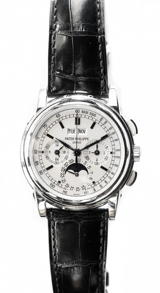 Patek Philippe perpetual calendar chronograph, 18K white gold with original box and paperwork. Estimate: $70,000-$100,000. A.B. Levy’s image.    