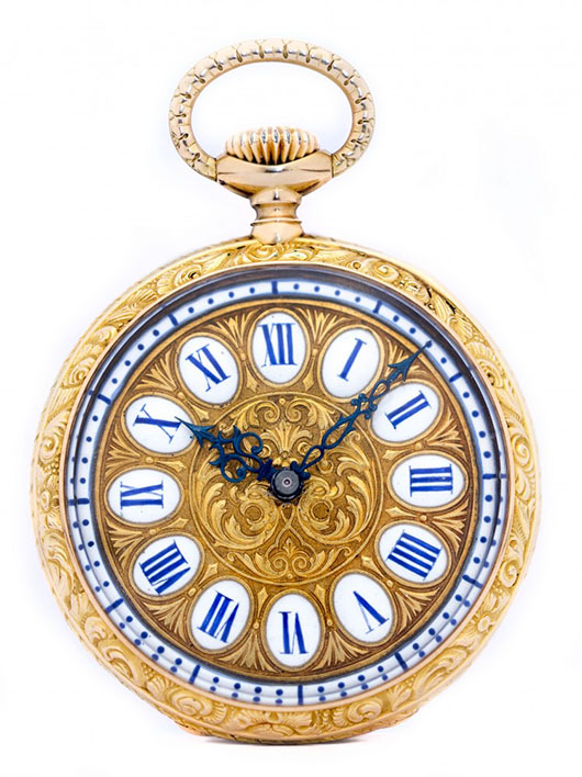 Patek Philippe Louis XV-style 18K yellow gold keyless pocket watch, circa 1890. Estimate: $15,000-$30,000. A.B. Levy’s image.