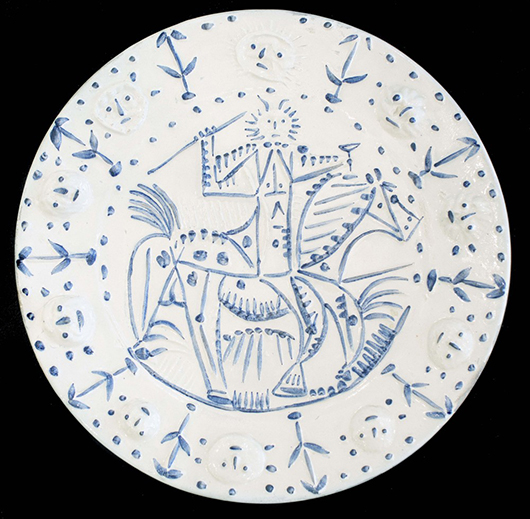 Glazed ceramic plate by Pablo Picasso, titled ‘Faune Cavalier,’ stamped, marked and numbered 51 of 100. Estimate: $12,000-$18,000. A.B. Levy’s image.