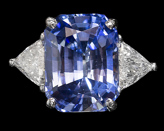 Diamond ring centered by an octagonal-shaped brilliant cut sapphire weighing 15.02 carats. Estimate: $12,000-$18,000. A.B. Levy’s image.