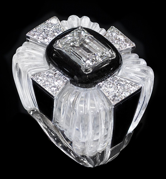 Platinum and diamond crystal ring, centered by an emerald cut diamond weighing 3.25 carats, signed David Webb. Estimate: $20,000-$30,000. A.B. Levy’s image.