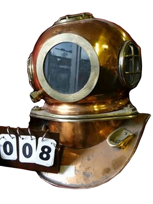 Copper with brass pressurized diver’s helmet. Stampler Auctions image.
