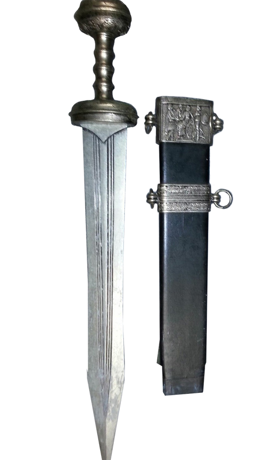 Dagger with convoluted handle and ball grip; leather sheath with metal embellishments. Stampler Auctions image.