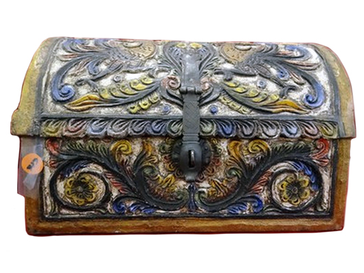 Hand-carved, hand-painted wood chest. Stampler Auctions image.