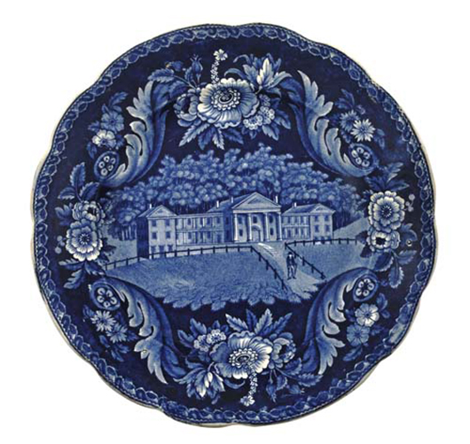 This plate with a view of Mount Pleasant Classical Institute is one of only three known examples, 10 5/8 inches diameter. Estimate: $4,000-$6,000. Pook & Pook Inc. image.