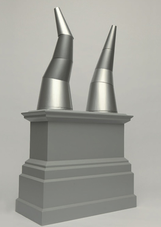 Liliane Lijn: The Dance 2013.  Performance sculpture model for Fourth Plinth. 40 cm high, 160 cm diameter at base, 24 cm at apex. Four independently rotating conical sections. Parametric modelled solid drawing, 3d Printed using fused deposition method. Electro-mechanical systems controlled by PLC.