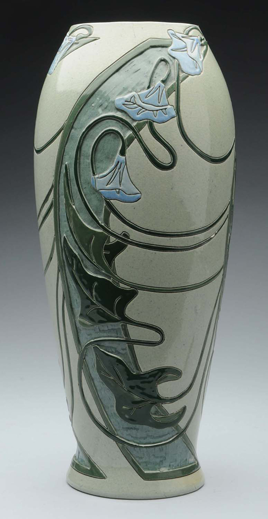 Roseville Della Robbia vase, 14½ in tall. Est. $7,000-$9,000. Morphy Auctions image.