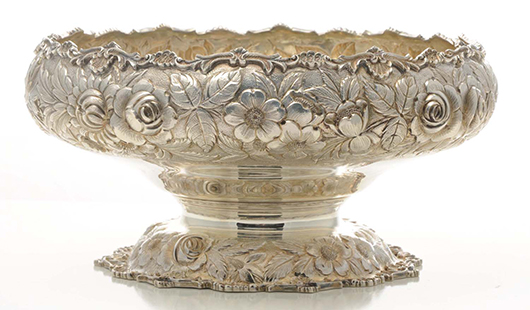 S. Kirk & Son sterling silver pedestal centerpiece, 10in dial, 30.2 ozt. Est. $3,500-$5,500. Morphy Auctions image.