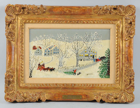 Anna Mary Robertson (Grandma Moses) oil on board titled ‘First Snow,’ 8in x 13in, signed lower right. Est. $18,000-$22,000. Morphy Auctions image.