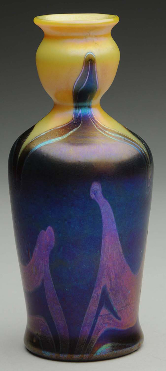 Small (6¾in) Tiffany Blue Nash vase, circa 1900. Est. $5,000-$7,000.