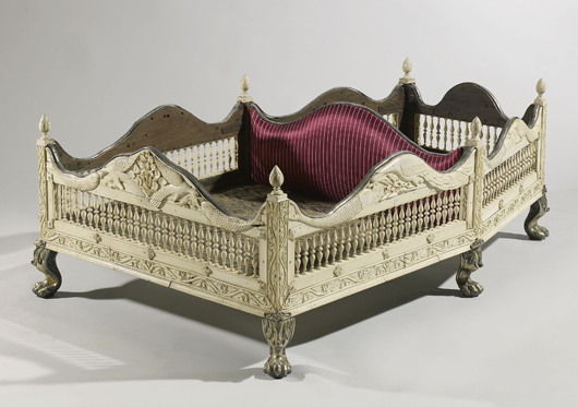 This 19th century Mughal-style princely howdah, or ceremonial seat, from Northeast India, veneered with carved ivory and with silver mounts will be shown on the stand of Francesca Galloway at Frieze Masters. Image courtesy of Francesca Galloway.