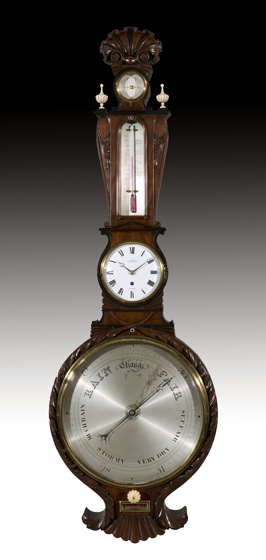 Ottery Antiques have priced this Regency clock barometer at £8,250 ($13,300) and will offer it at Esher Hall Antiques and Fine Art Fair at Sandown Racecourse from Oct. 11-13. Image courtesy of Ottery Antiques.