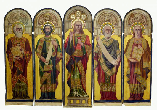 Set of five Tiffany Glass & Decorating Co. oils on canvas depicting Christ and the Martyrs. Estimate: $5,000-$10,000. Grogan & Company image.