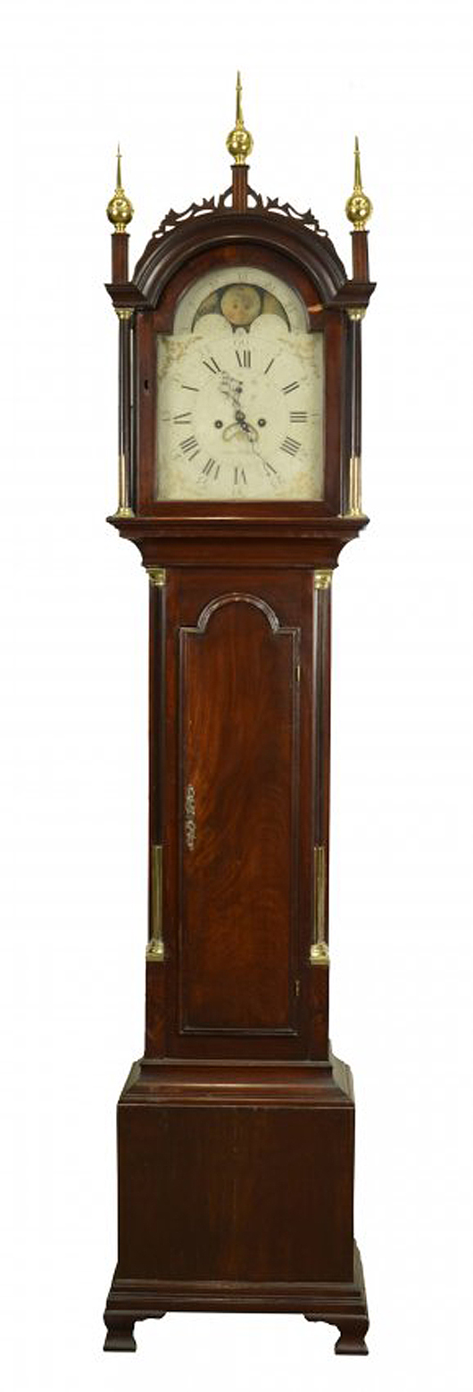Aaron Willard mahogany tall-case clock, circa 1790, hailed from a prominent Nantucket family. Estimate: $10,000-$20,000. Grogan & Company image.