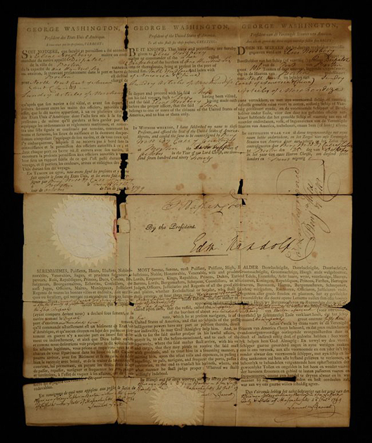 Shipping document with original signature of George Washington with the presidential seal, dated 1794. Estimate: $2,000-$3,000. Grogan & Company image.