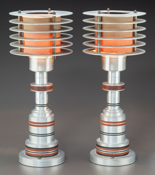 Pair of Walter von Nessen for Pattyn Products, brass and Bakelite aluminum lamps, circa 1935-36. Heritage Auctions image.