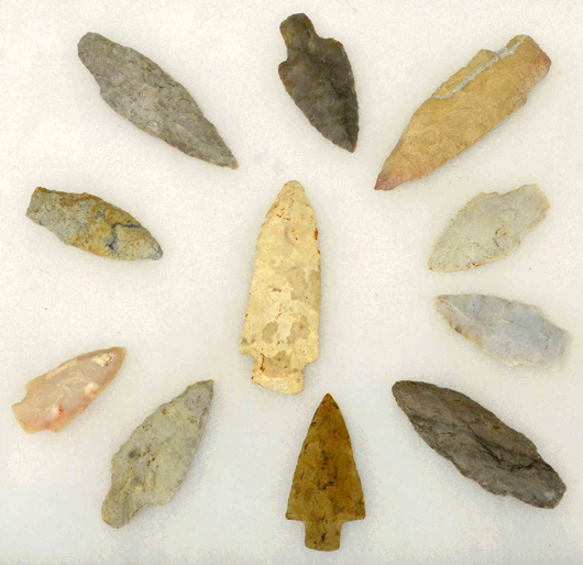 Grouping of Adena Indian arrowheads, ex David Rowland collection. Image courtesy of LiveAuctioneers archive and Austin Auction Gallery.