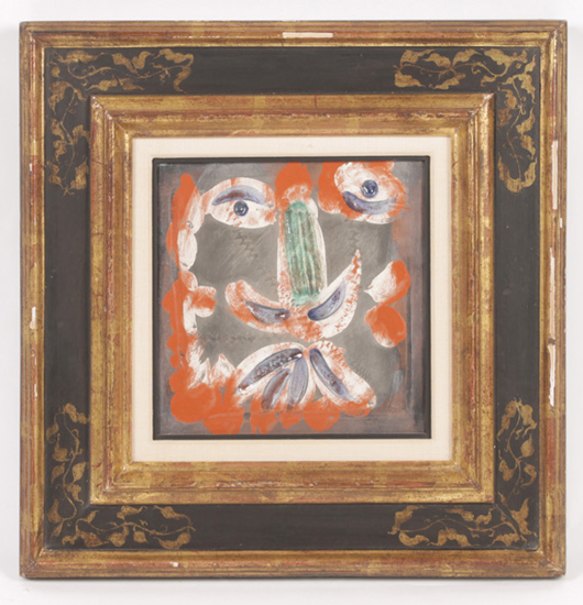 Picasso painted and glazed framed earthenware plate: $8,300. Kamelot Auction House image.
