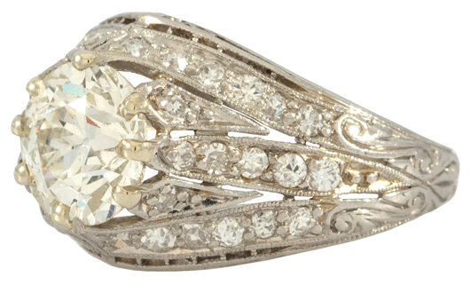 This stunning Art Deco diamond, weighing 1.92 carats, and platinum ring brought $8,330. Clars Auction Gallery image.