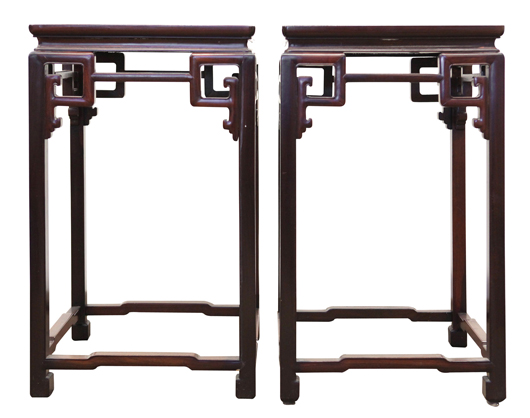 This pair of Chinese wooden side tables sold for $7,140. Clars Auction Gallery image.