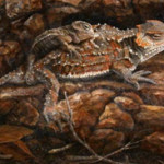The winner of the 2013 Wyoming Game and Fish Department Conservation Stamp Art Competition was Karla Mann of Virginia Beach, Va., who created this painting of a greater short horned lizard (Phyrynosoma hermandesi) with offspring. Image courtesy of Wyoming Game and Fish Department.