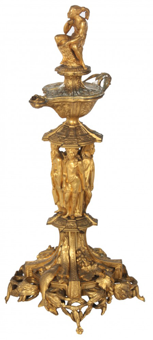 French dore bronze cigar lighter with Aladdin oil lamp-style top, with finial of a seated Indian. Estimate: $7,000-$9,000. Fontaine’s Auction Gallery image.