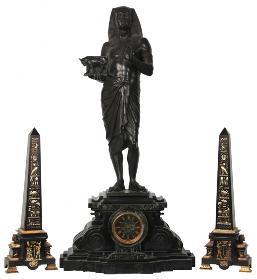 Large marble and bronze three-piece Egyptian Revival clock set, signed Emile Picault. Estimate: $7,000-$9,000. Fontaine’s Auction Gallery image.