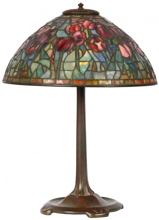Tiffany Studios produced this Red Tulip table lamp in 1906. It is 21 1/2 inches tall. Estimate: $50,000-$75,000. Fontaine’s Auction Gallery image.