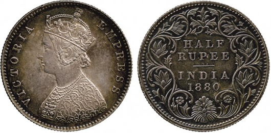 Extremely fine and toned silver half rupee, circa 1880, depicting  ‘Victoria Empress’ on the obverse. Price realized: £10,800. Baldwin’s image.