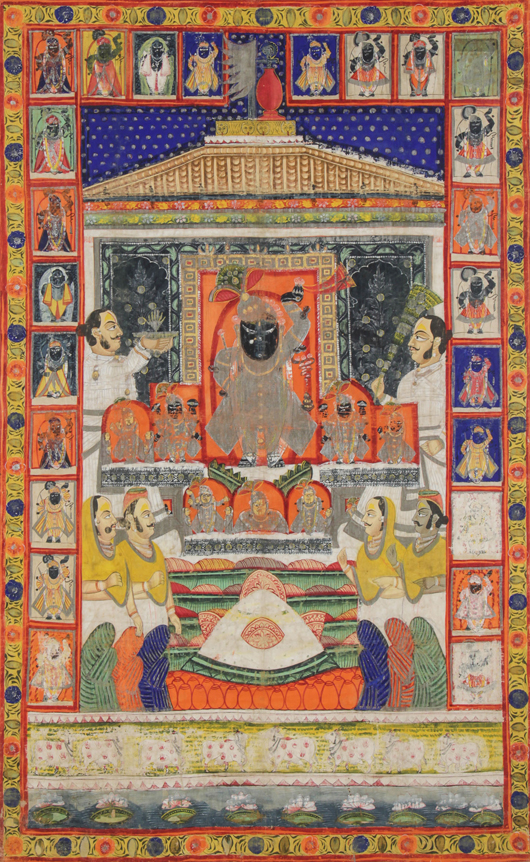 Fine 19th century pichvai, Nathdwara, Rajisthan, India. Image: 52 1/2 x 33 1/2 inches (133 x 85 cm). Estimate: $1,500-$2,500. Material Culture image.