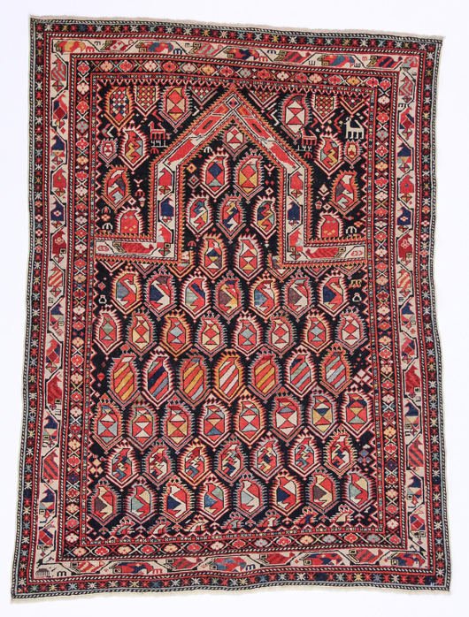 Marasali prayer rug, Caucasus, mid-19th century, ends expertly rewoven, 4 feet 7 inches x 3 feet 4 inches (140 x 102 cm). Estimate: $3,000-$5,000. Material Culture image.