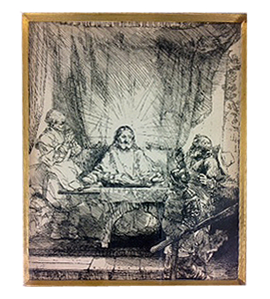 Hamenz van Rijn Rembrandt etching ‘Christ at Emmaus, 205 X 155 mm (inside mat dimension). Rembrandt's etching portrays the meeting of Christ and his disciples. Estimate: $3,000-$5,000. Photo courtesy Wilson’s Auctioneers & Appraisers.