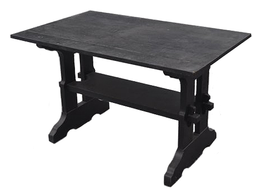 Rare ebonized Gustav Stickley trestle table. Signed Gustav Stickley trestle-base oak table with mortise and tenon joinery. Original Gustav Stickley signature on bottom of tabletop. Dimensions: H 28 1/2 inches, W 48 inches, D 30 inches. Estimate: $1,200-$2,200 Photo courtesy of Wilson's Auctioneers & Appraisers.