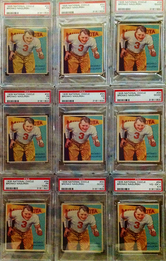 First of 10 Bronco Nagurski 1934 PSA 5. The first of the ten being offered 1935 National Chicle #34 Nagurski cards is the highest graded of the group estimated value $2,000-$4,000 Photo courtesy of Wilson’s Auctioneers & Appraisers