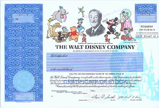 Stock Certificate Walt Disney Company 