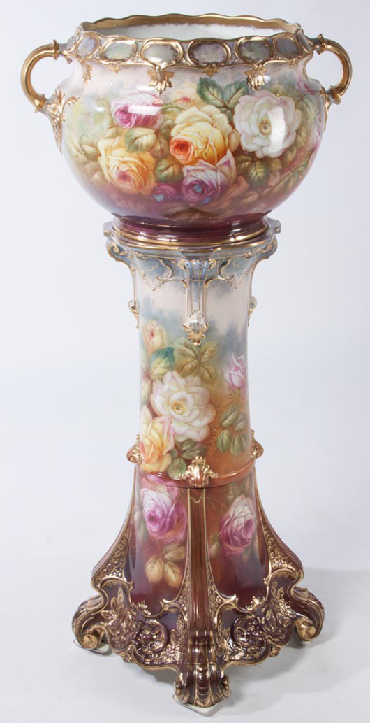 Royal Bonn jardinière and stand, 50 inches, realized $4,600, the high price of the 20th Century Ceramics auction. Jeffrey S. Evans & Associates image.