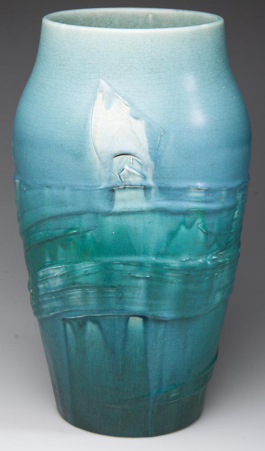 Rookwood vellum-glazed experimental vase, 17 3/8 inches, decorated with boats by Sara Alice ‘Sallie’ Toobey, sold for $1,380. Jeffrey S. Evans & Associates image.