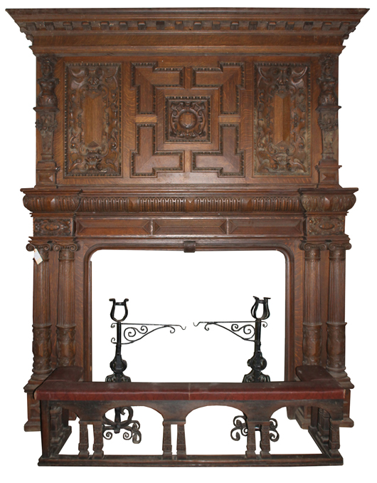 Lot 431A - large two-part figural fireplace mantel from oak paneled room. Kamelot Auction House image.