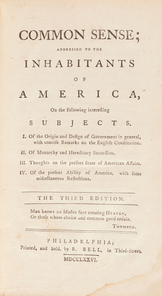 Thomas Paine. ‘Common Sense,’ third edition. Philadelphia. Estimate: $20,000-plus. Heritage Auctions image.