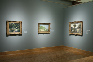 Left to Right: Pierre-Auguste Renoir, 'Femmes dans un Jardin' (Women in a Garden) (1873); Vincent van Gogh, 'Route aux confins de Paris, avec paysan portant la bêche sur l'épaule' (Path on the outskirts of Paris, with a peasant carrying a spade) (1887); Claude Monet, 'The Seine at Bougival') (1869). Images courtesy of the Currier Museum of Art.