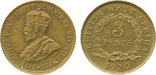British West Africa George V, brass pattern 3-pence, 1920KN. Price realized: £3,600. Baldwin’s image.