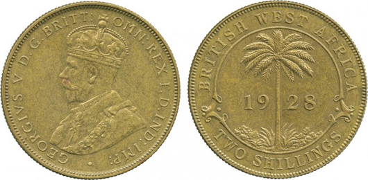 This British West Africa George V brass 2-shilling, thought to be one of only two still in existence, sold for £12,000. Baldwin’s image.