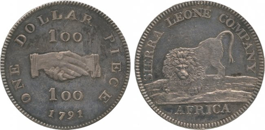 Sierra Leone silver proof dollar, 1791, official mintage of only 40. Price realized: £7,200. Baldwin’s image.