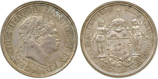 Gold Cost silver proof ackey, 1818. Price realized: £5,280. Baldwin’s image.